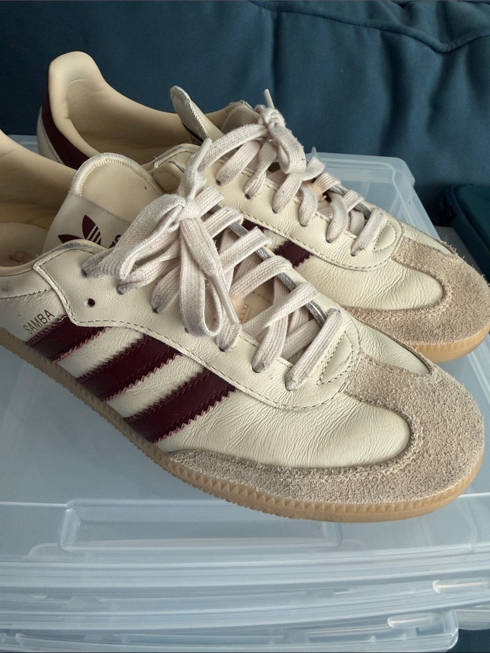 adidas Samba Sneakers in Cream with Burgundy Stripes